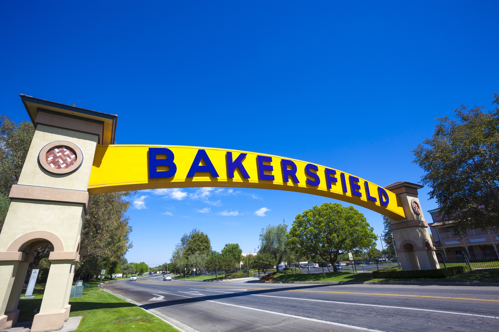 blue and yellow sign of bakersfield_getty