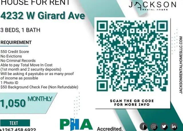 Property at 4232 W Girard Ave, Philadelphia, PA, 19104, 3 beds, 1 bath, [object Object]