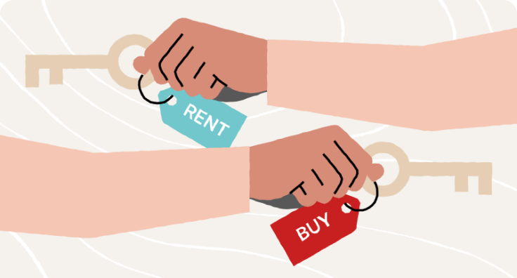 Hands holding keys with 'Rent' and 'Buy' tags